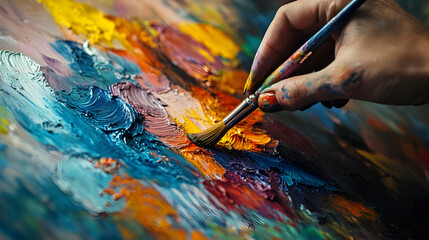 An individual using a variety of textured paints to express the complexity and depth of their inner emotional world in an art therapy session.