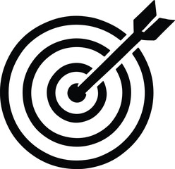Black target icon with arrow hitting center, symbolizing success, accuracy, goal setting, focus, achievement, aim, and business strategy in flat vector style