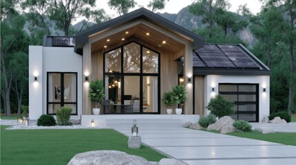 Modern single-story house with a wooden facade, large windows, solar panels, and a landscaped front yard surrounded by trees and mountains.