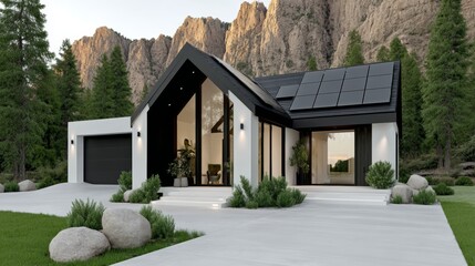 Modern house with large glass windows and solar panels, surrounded by trees and rocky mountains in a serene natural setting.