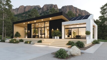 Modern single-story house with large glass windows, surrounded by nature and mountains, featuring a sleek design with wood and white exterior.