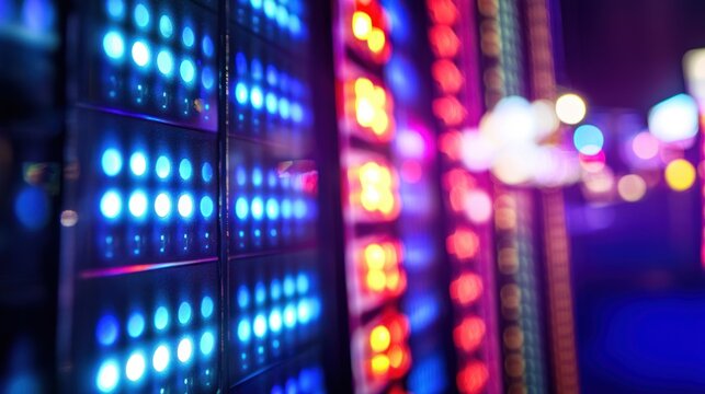 A vibrant, colorful LED display with blue and red lights, featuring a variety of shapes and patterns, against a dark background with a blurred,