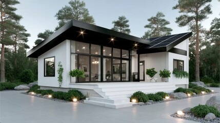 Modern white house with large glass windows, black roof, solar panels, surrounded by trees and landscaped garden with stairs and outdoor lighting.