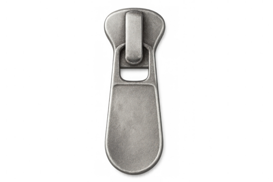 Metallic zipper puller isolated on transparent background, useful for graphic design projects related to fashion, clothing, or accessories