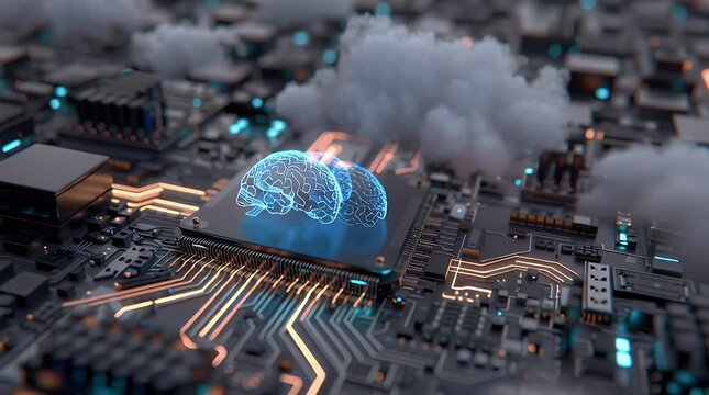 Circuit board with glowing brain graphic