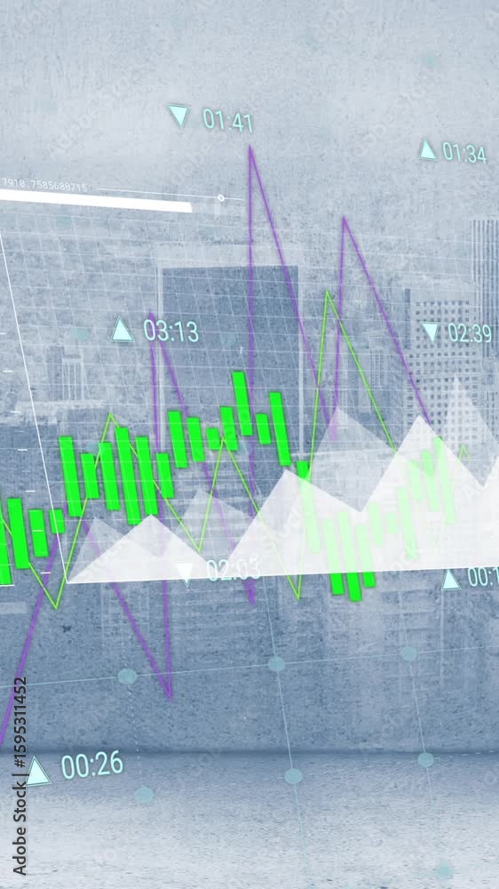 Poster animation of charts processing data over cloudy cityscape