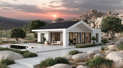 Modern white house with solar panels on the roof, surrounded by desert landscape with rocks and shrubs, under a colorful sunset sky.