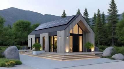 Modern small house with solar panels, large windows, and wooden exterior, set in a serene mountainous forest landscape.