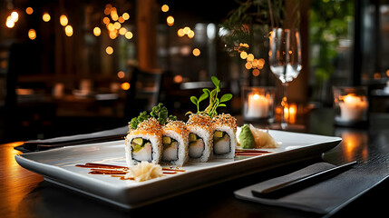 An intricate sushi roll with delicate garnishes, served on a minimalist white plate.