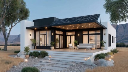 Modern single-story house with large glass windows and a wooden pergola, surrounded by desert landscaping and mountains in the background.