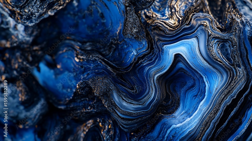 Poster abstract blue and black fractal patterns with dynamic lines and gold veins creating a swirling desig
