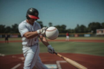 Obraz premium Macro photograph of baseball at bat’s edge during intense play, emphasizing timing, effort, and athletic training visuals