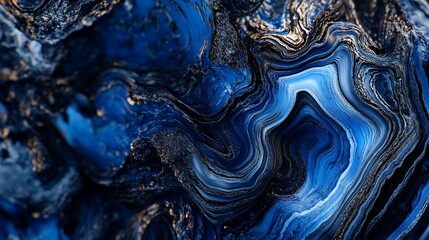 Abstract Blue and Black Fractal Patterns with Dynamic Lines and Gold Veins Creating a Swirling Design