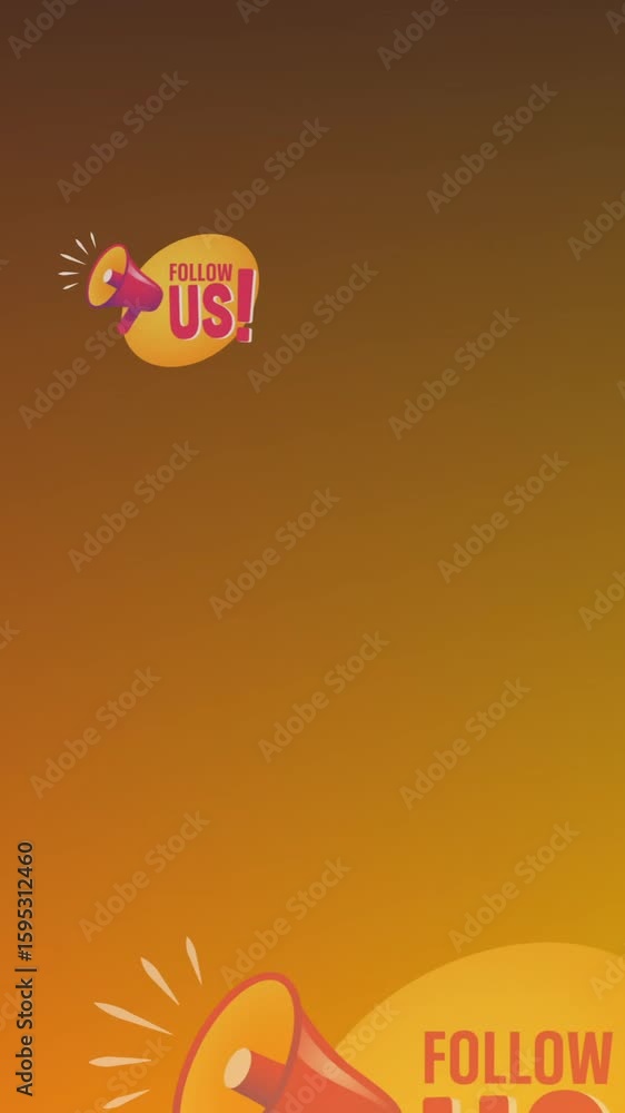Poster animation of like and follow us text with icons on yellow background