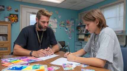 Artistic collaboration in a creative space between instructor and student during an afternoon class session