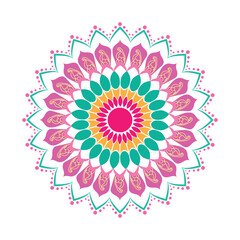 Vibrant circular mandala design with pink green and yellow hues