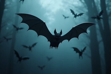 Fototapeta premium A dark bat with outstretched wings flying in a foggy forest with other bats and blurred trees in the background