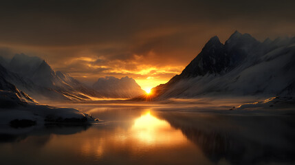 A peaceful, untouched view of snow-covered mountain peaks reflecting the golden glow of the setting sun, casting a warm light over the wintry landscape.