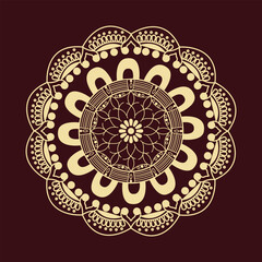 Intricate gold mandala design on a dark red background