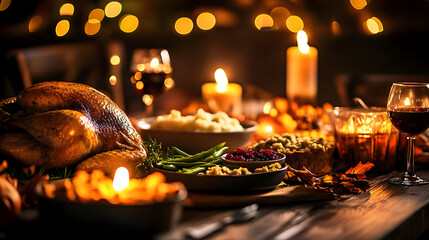 A perfect Thanksgiving dinner with a golden turkey, mashed potatoes, stuffing, green beans, cranberry sauce, and homemade pumpkin pie, family gathered around enjoying the meal.