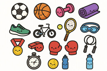 Fototapeta premium Kawaii Sports and Fitness Icons Set on White Background