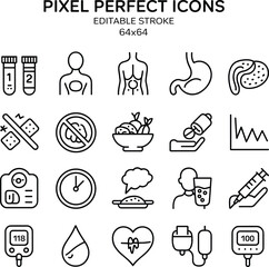 Health and nutrition line icons, editable stroke, medical care symbols, digestive system, glucose meter, pixel perfect vector design