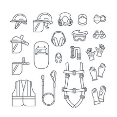 Editable line icons of personal protective equipment used in construction, industrial, or hazardous work. Safety helmet, face shield, dust mask, safety glasses, earmuffs, safety harness, work gloves