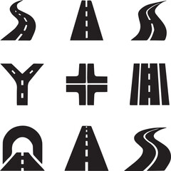Fototapeta premium Collection of black road icons including straight, curved, highway, tunnel, intersection, and fork symbols in simple flat vector style for maps and navigation
