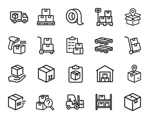 Warehouse Inventory Vector Icon Set,Inventory, storage, logistics, shipping, delivery, barcode, tracking, packaging, forklift, pallet, cargo, supply chain icons