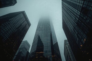Monochromatic city skyline with buildings lost in mist, evoking modern solitude, power, and eerie city atmosphere