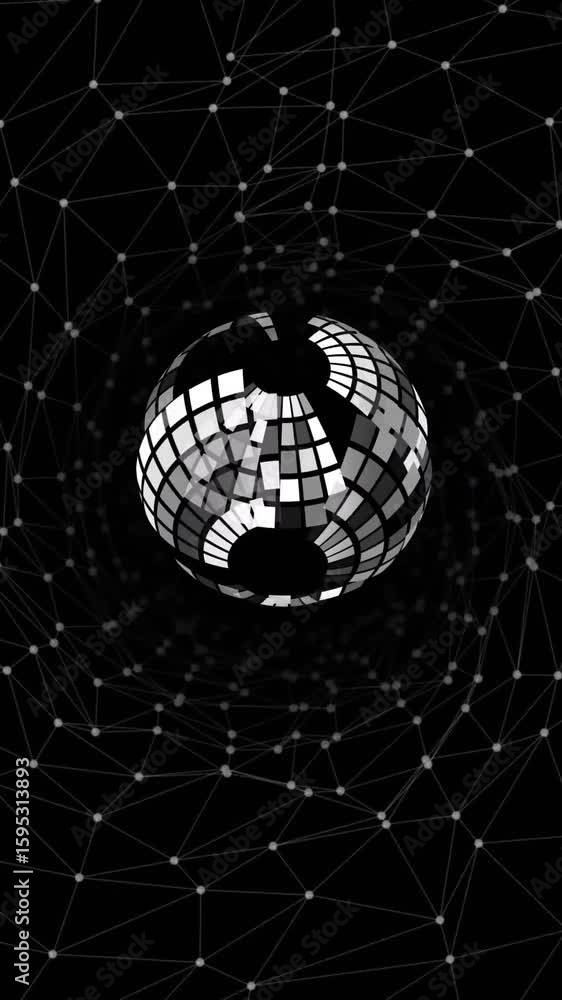 Poster animation of data processing and globe over black background