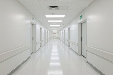 Wide hospital corridor view suggesting cleanliness, efficiency, and medical infrastructure in contemporary healthcare environments
