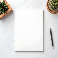 White paper with plants and pen blank page mockup
