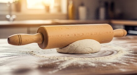Wooden rolling pin resting on dough with flour scattered on a kitchen counter