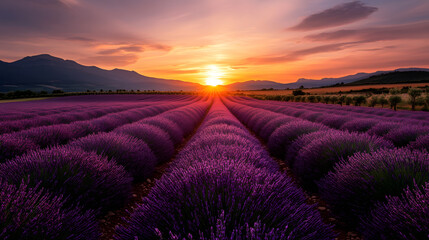 A picturesque lavender farm stretching towards the horizon.