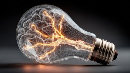 Transparent light bulb glows with neon wires forming digital brain, symbolizing AI-powered creative thinking, innovation, and futuristic ideas in artificial intelligence and design.