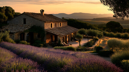 A picturesque farmhouse nestled among lavender fields.