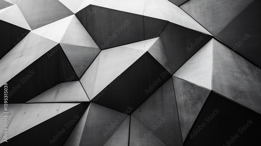 Poster black and white geometric abstract with stacked triangles creating a dynamic pattern