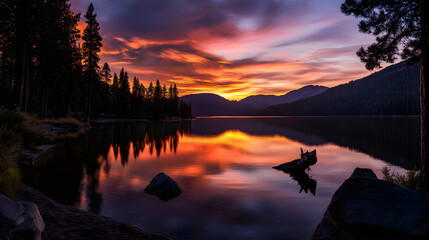 A picturesque mountain lake at sunset, with soft pink and orange hues reflecting on the water and surrounded by towering pine trees.