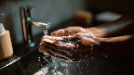 African Woman Practicing Hygiene by Washing Hands with Soap. Focus on Foaming Cleanliness