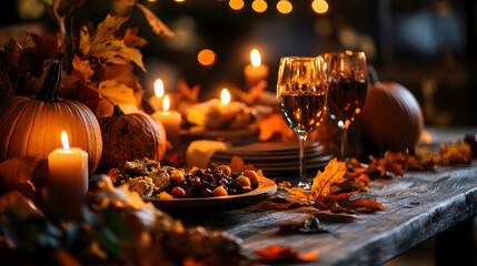 A picturesque Thanksgiving scene with a harvest feast laid out on a wooden table, surrounded by autumn leaves, pumpkins, and candles.
