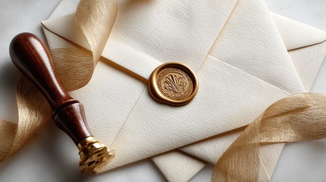 Elegant cream envelopes with gold wax seal and ribbon.