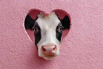 Charming Valentine's Day Card Featuring a Playful Cow Peeking Through a Heart-Shaped Window on a Soft Pink Background