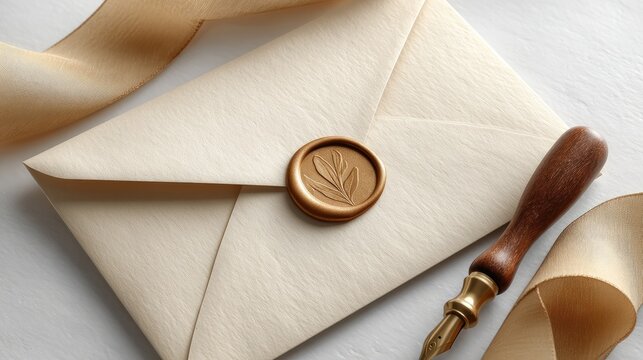 Cream-colored envelope with gold wax seal and ribbon.