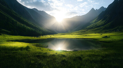 A pristine lake surrounded by lush green meadows, with rugged mountain peaks rising sharply in the distance under a bright sunny sky.