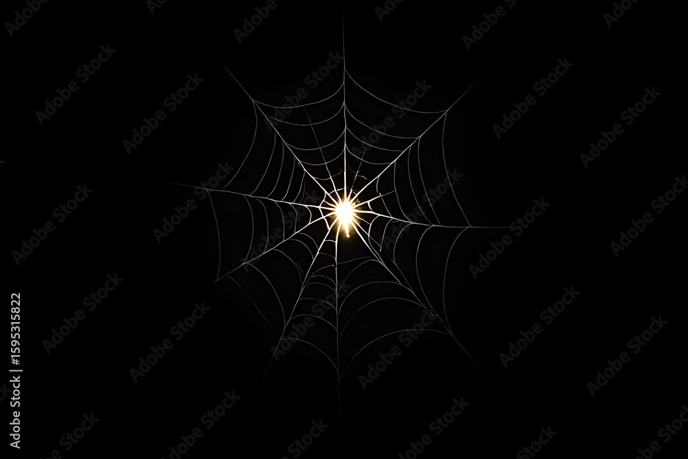 Aufkleber illuminated spider web graphic against a black background with a bright light source emanating from 