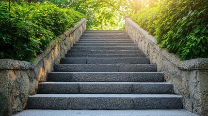 A stone staircase with greenery on either side, leading upwards, with sunlight filtering through the leaves, creating a serene and peaceful atmosphere.