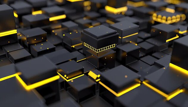 Abstract geometric pattern of interlocking dark gray cubes, highlighted with bright yellow lines