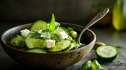 A refreshing cucumber and mint salad with feta cheese, olives, and a light dressing.