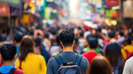 Fototapeta premium Blurred busy street market background, diverse crowd